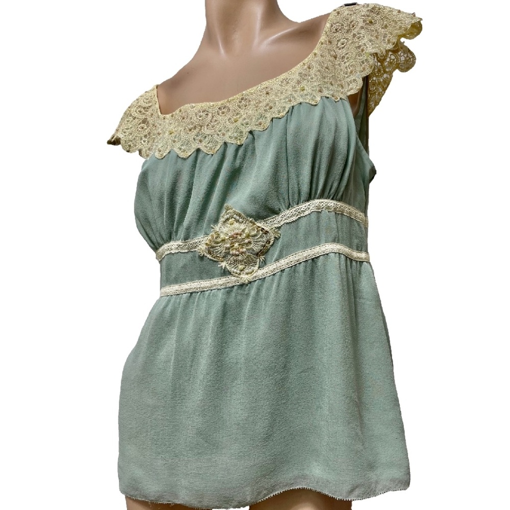 INTUITIONS Silk Blouse 12 Light Aqua w Lace & Pearl Beaded Collar Silk